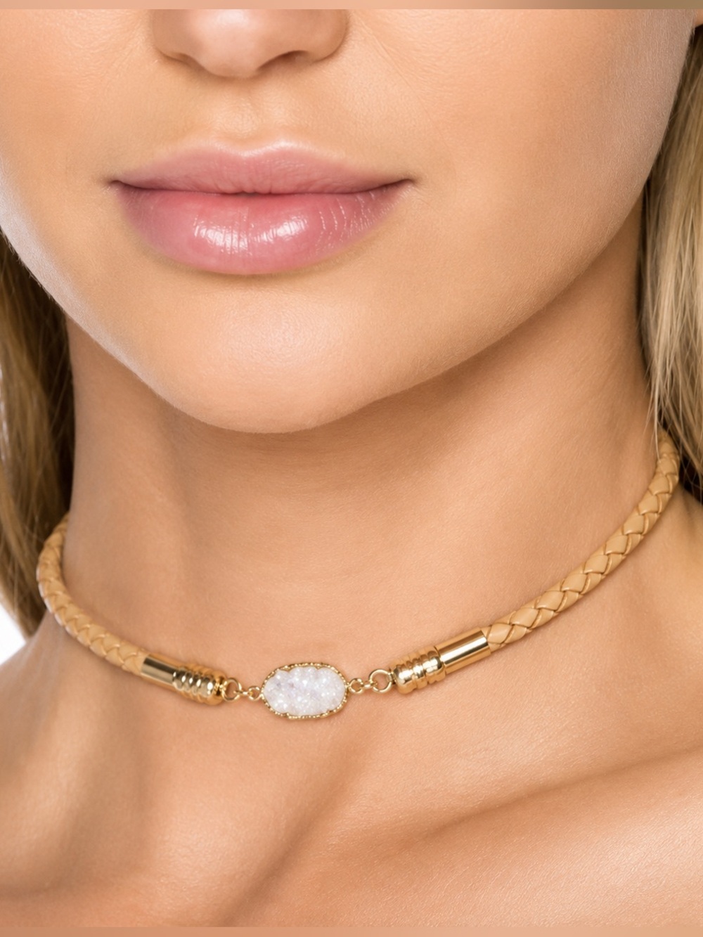 Kendra Scott Cooper Iridescent Drusy Leather Braided Necklace Gold - Picture 2 of 8